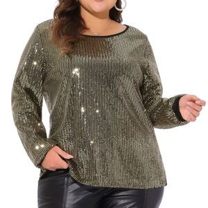 Plus Size Sparkly Sequin Glitter Concert Party Disco Shirt Blouse Gold